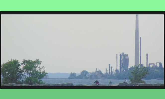 green trees by lake shore, industrial building in background