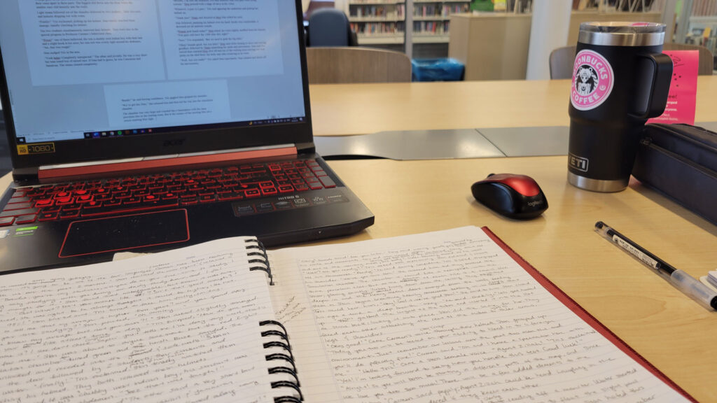 my writing setup at the local public library 